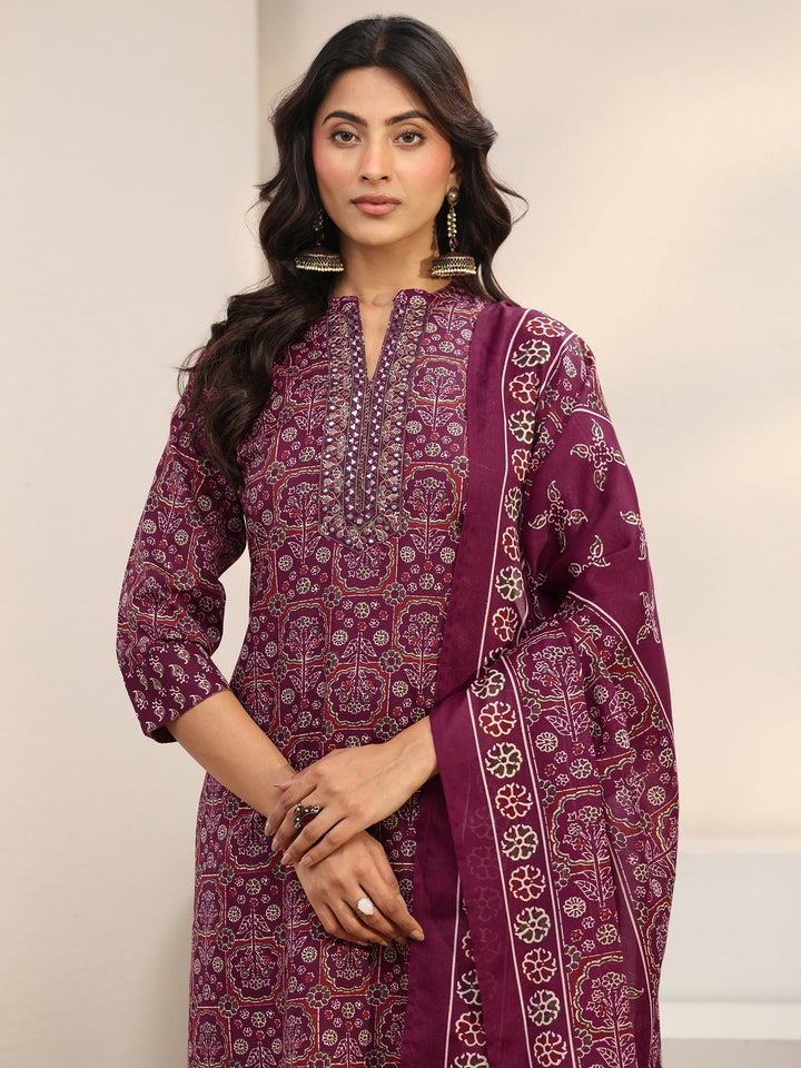 Maroon Ethnic Printed Cotton Blend Straight Suit Set With Dupatta