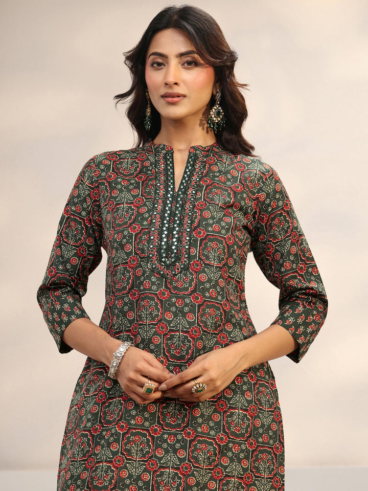 Green Ethnic Printed Cotton Blend Straight Suit Set With Dupatta