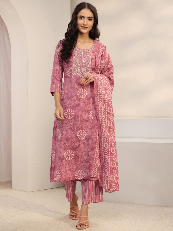 Pink Floral Printed Cotton Blend Straight Suit Set With Dupatta