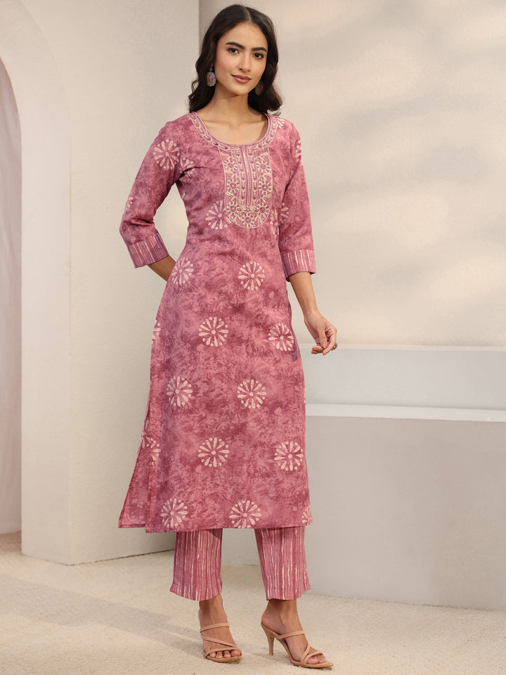 Pink Floral Printed Cotton Blend Straight Suit Set With Dupatta
