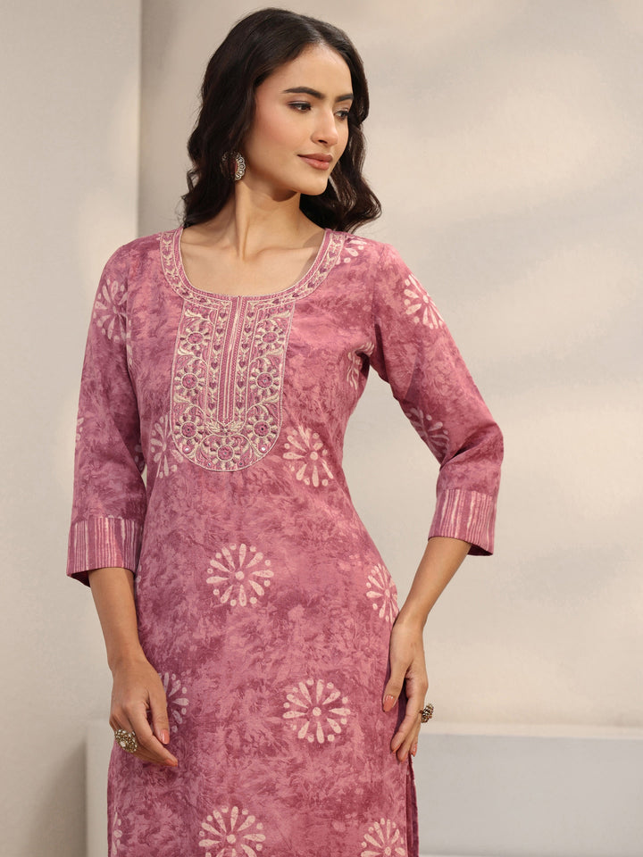 Pink Floral Printed Cotton Blend Straight Suit Set With Dupatta