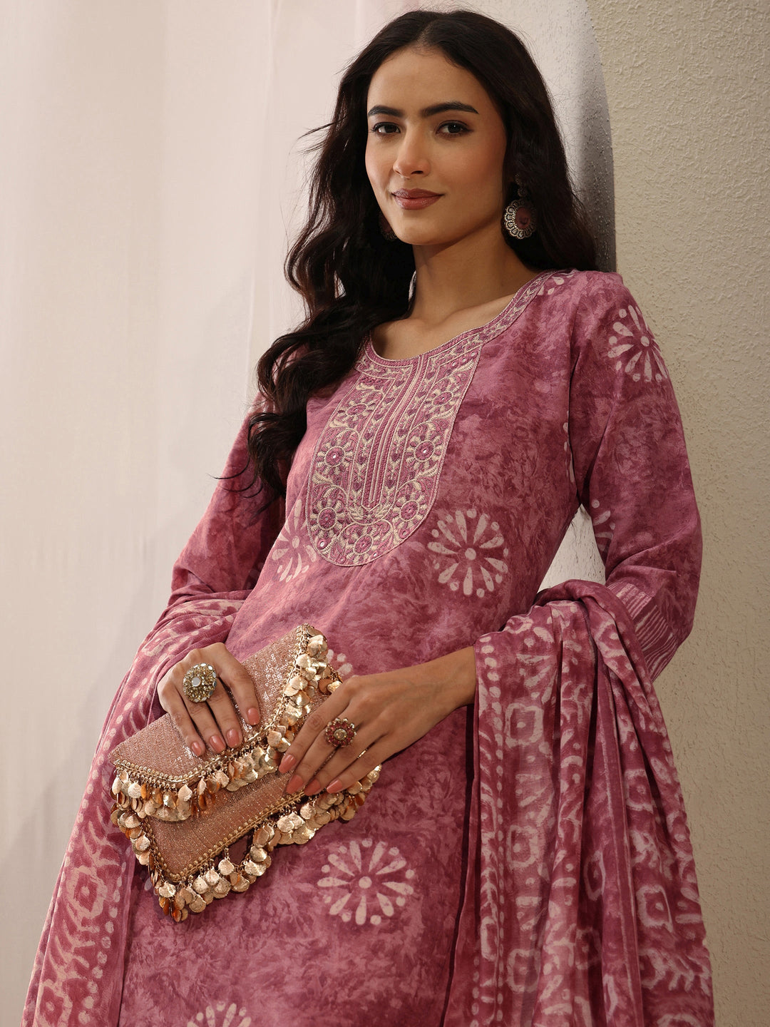 Pink Floral Printed Cotton Blend Straight Suit Set With Dupatta
