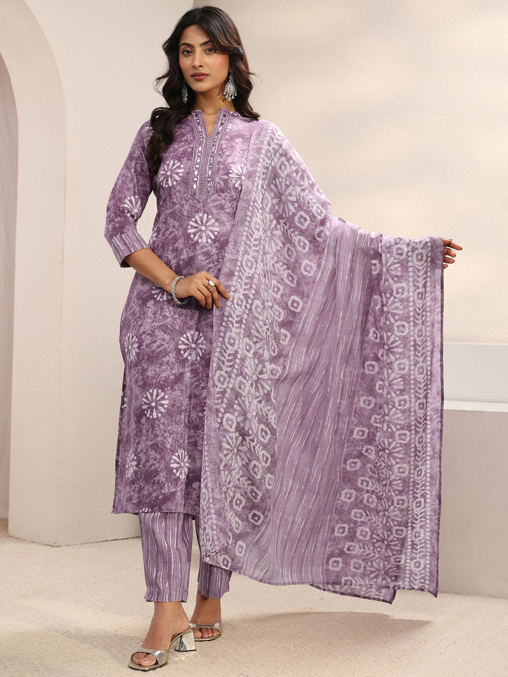 Purple Floral Printed Cotton Blend Straight Suit Set With Dupatta
