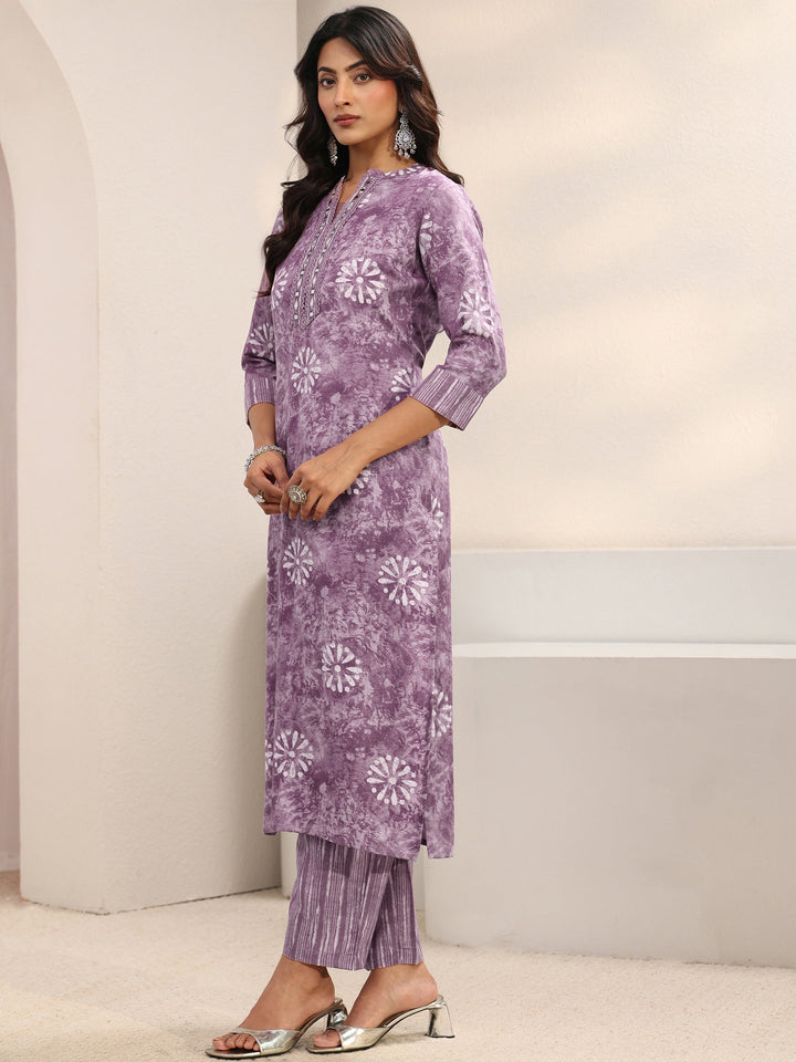 Purple Floral Printed Cotton Blend Straight Suit Set With Dupatta