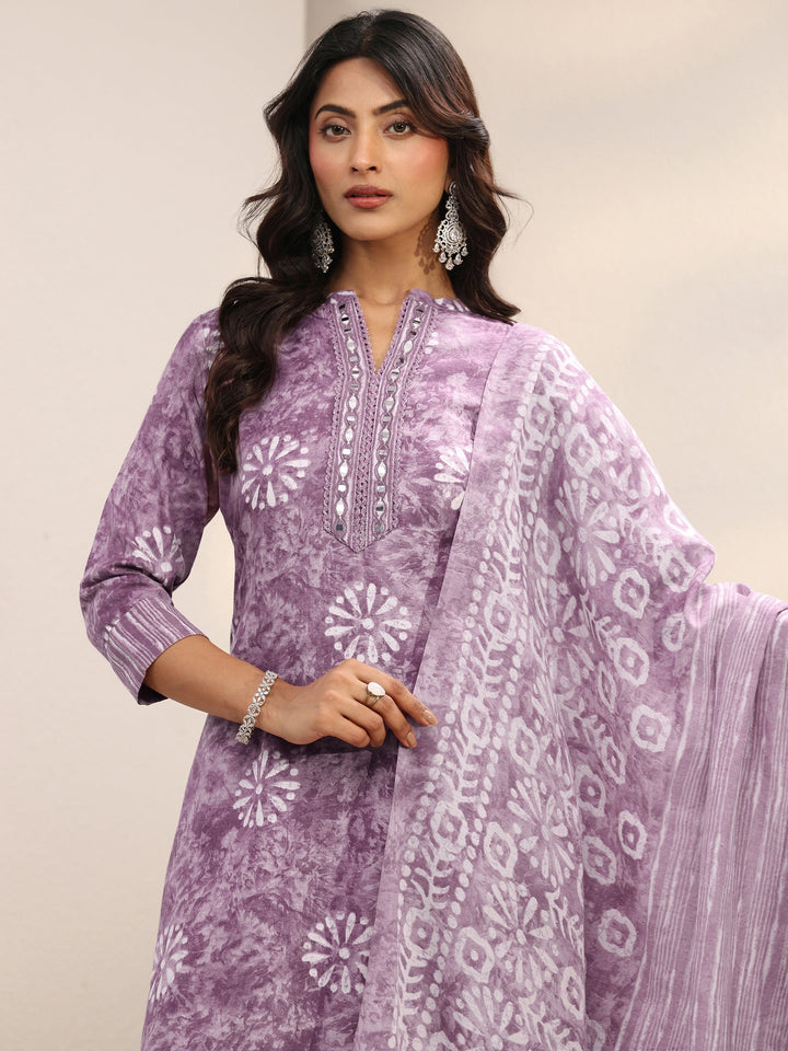 Purple Floral Printed Cotton Blend Straight Suit Set With Dupatta