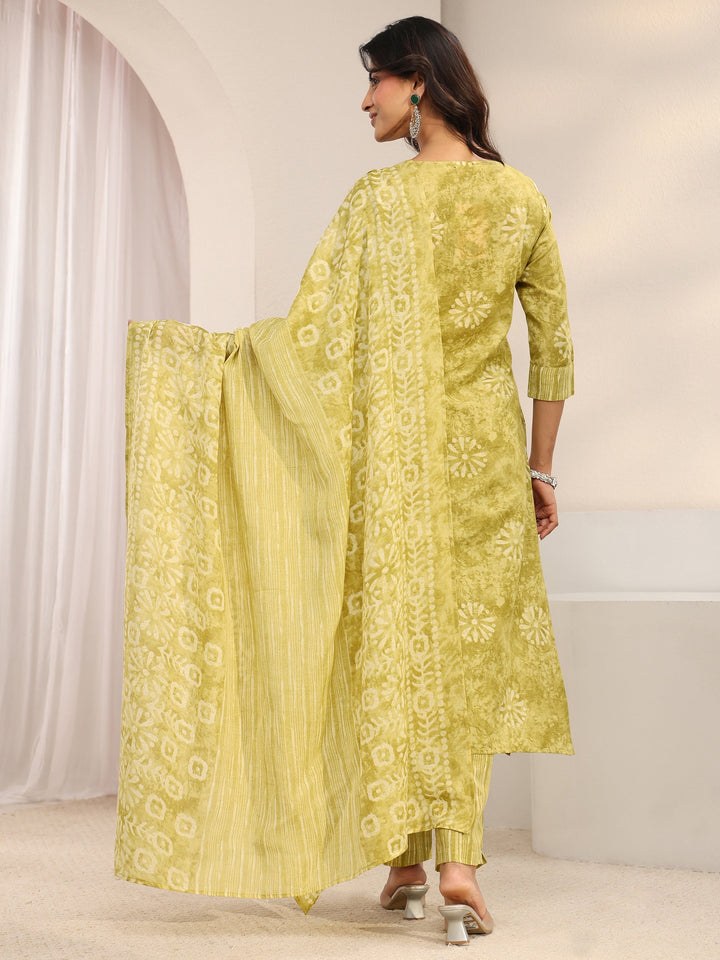 Green Floral Printed Cotton Blend Straight Suit Set With Dupatta