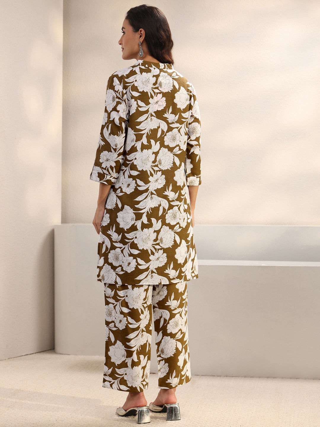 Brown Floral Printed Cotton Blend Co-Ord Set
