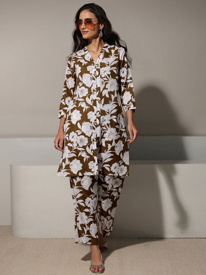 Brown Floral Printed Cotton Blend Co-Ord Set