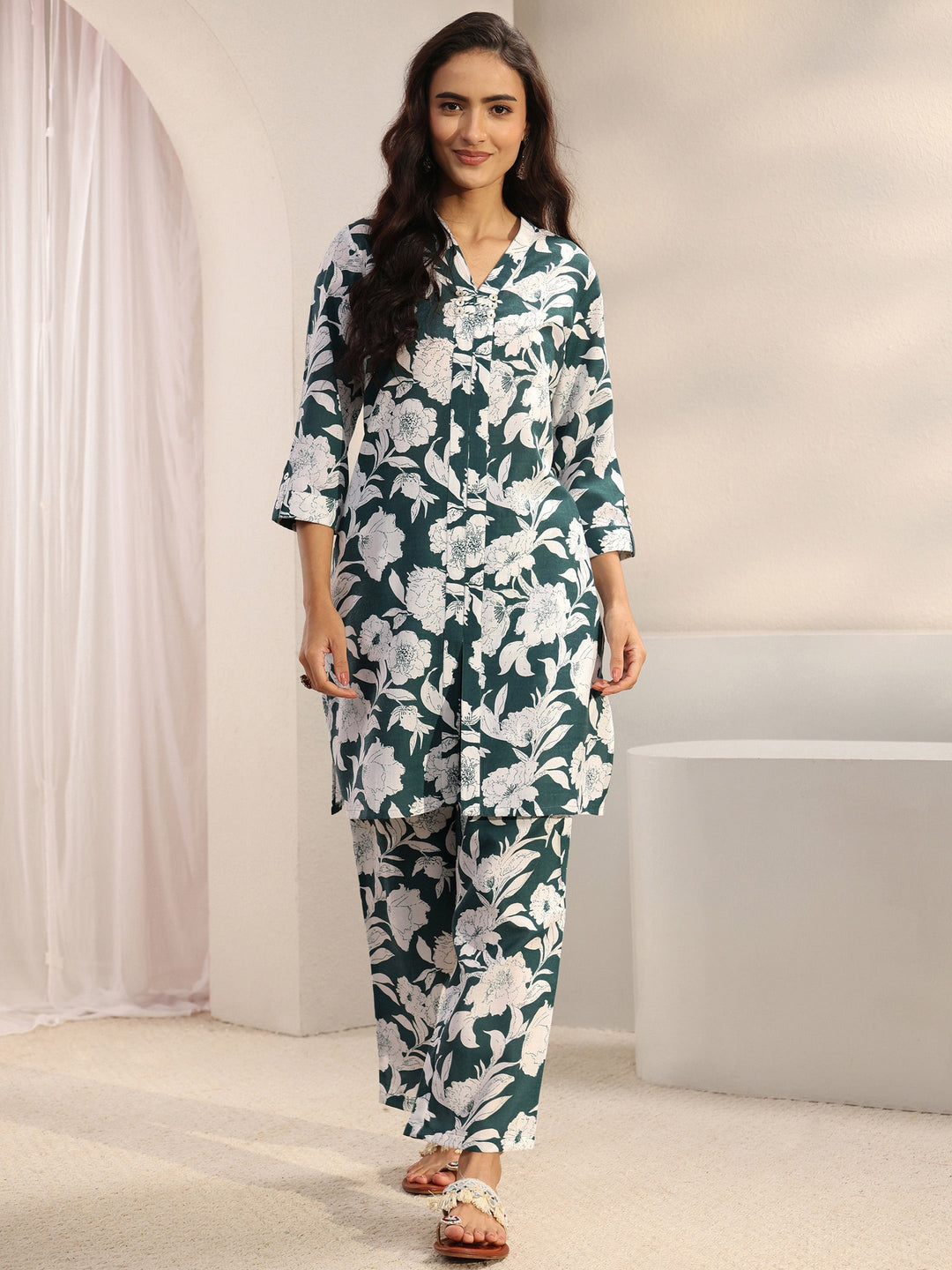 Blue Floral Printed Cotton Blend Co-Ord Set