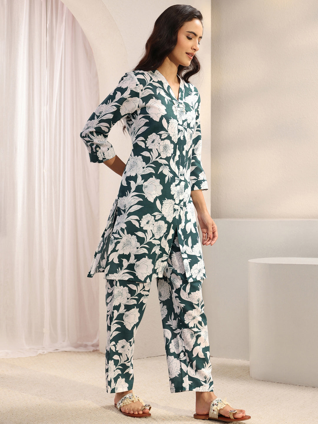 Blue Floral Printed Cotton Blend Co-Ord Set