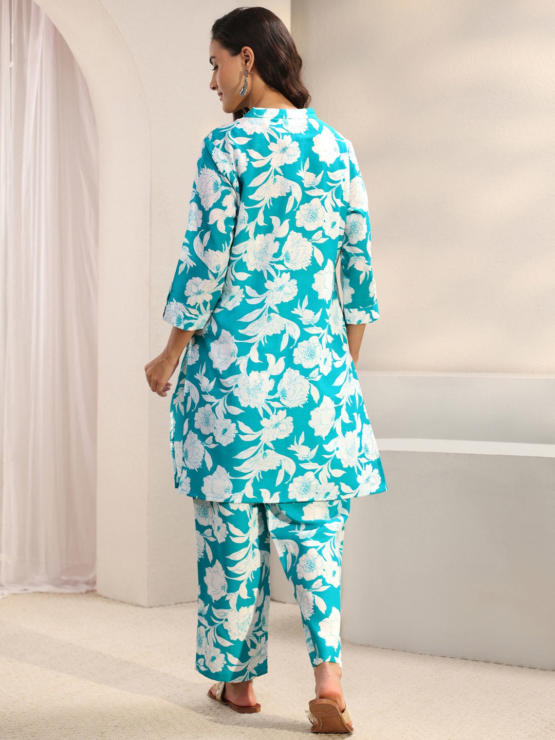 Blue Floral Printed Cotton Blend Co-Ord Set