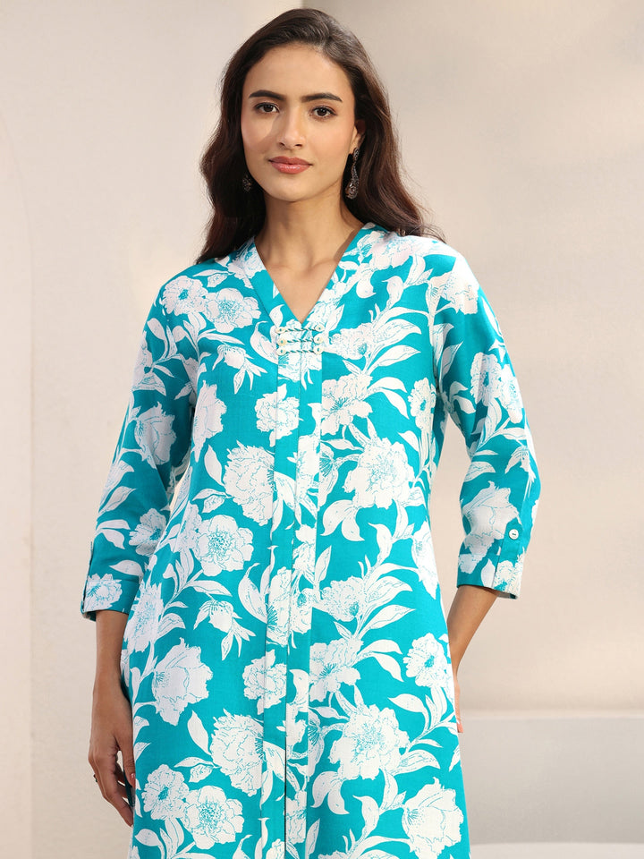 Blue Floral Printed Cotton Blend Co-Ord Set