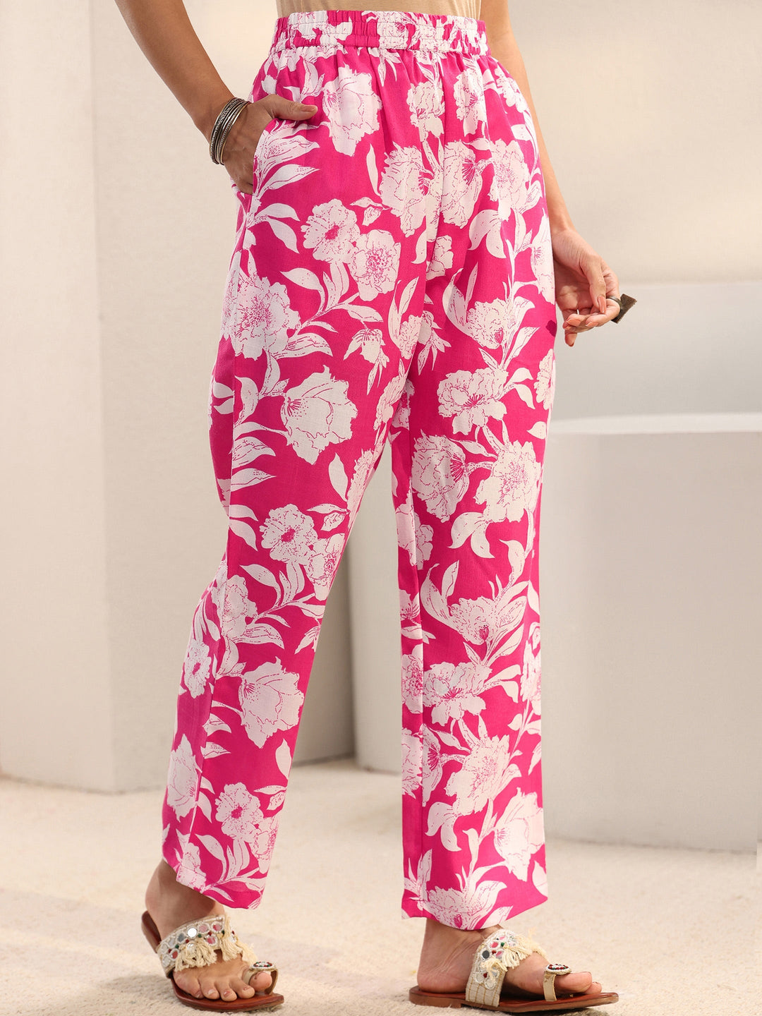 Pink Floral Printed Cotton Blend Co-Ord Set