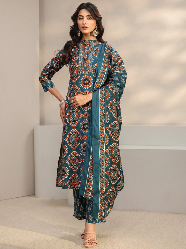 Blue Ajrakh Printed Cotton Blend Straight Suit Set With Dupatta
