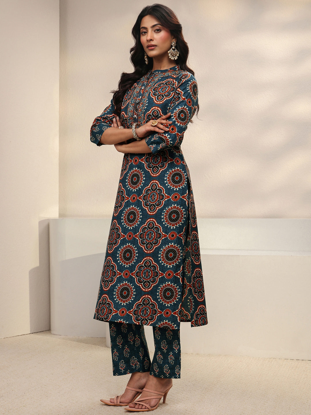 Blue Ajrakh Printed Cotton Blend Straight Suit Set With Dupatta