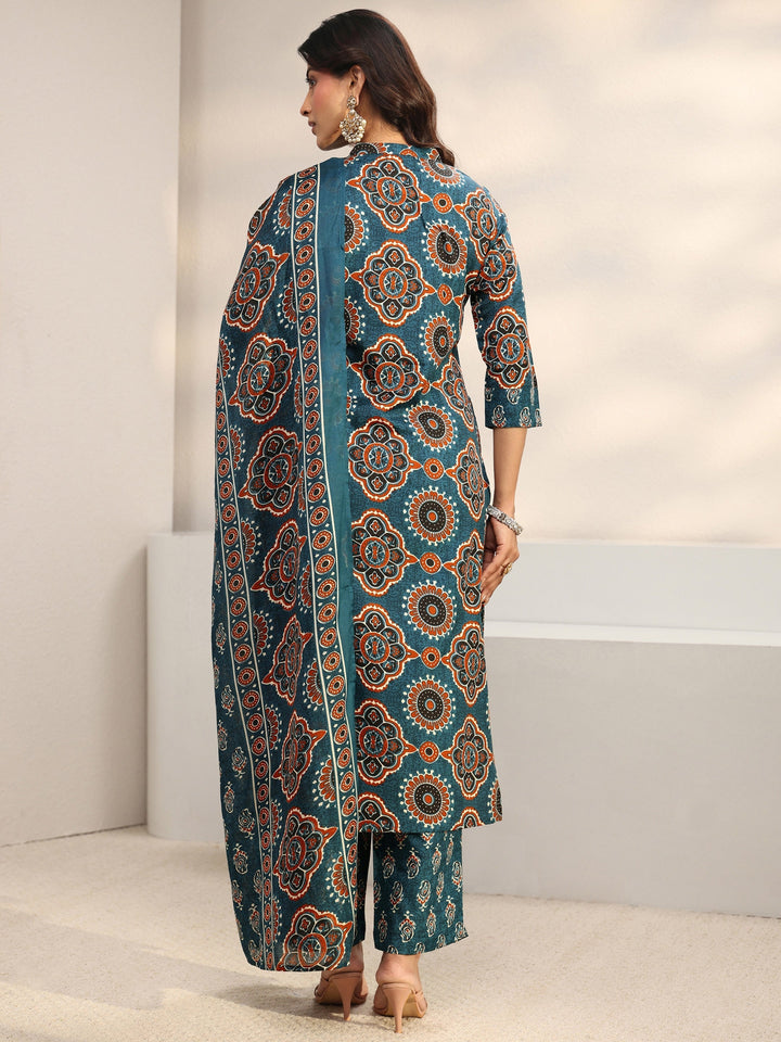 Blue Ajrakh Printed Cotton Blend Straight Suit Set With Dupatta