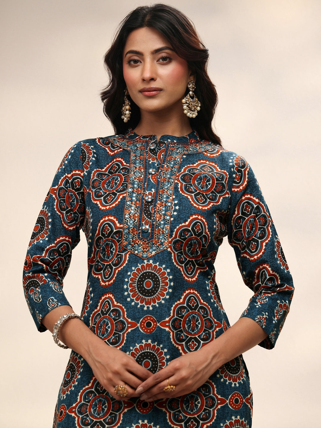 Blue Ajrakh Printed Cotton Blend Straight Suit Set With Dupatta