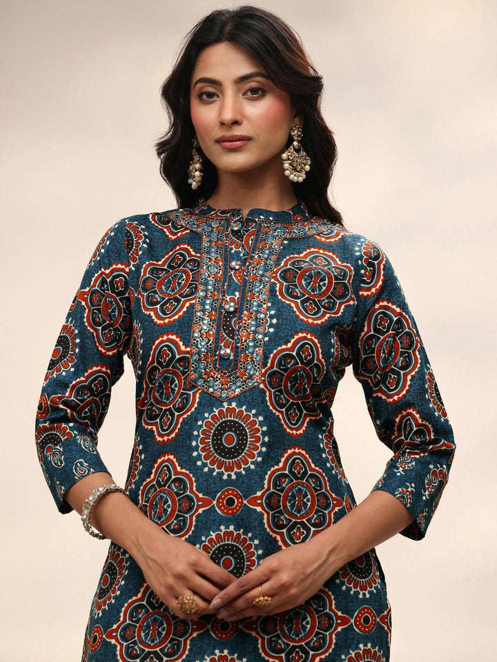 Blue Ajrakh Printed Cotton Blend Straight Suit Set With Dupatta