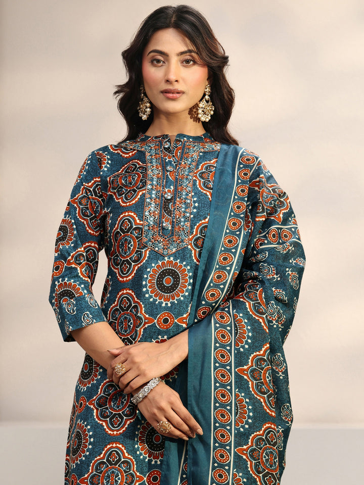 Blue Ajrakh Printed Cotton Blend Straight Suit Set With Dupatta