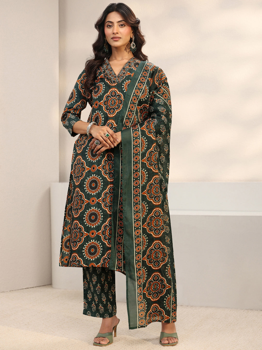 Green Ajrakh Printed Cotton Blend Straight Suit Set With Dupatta