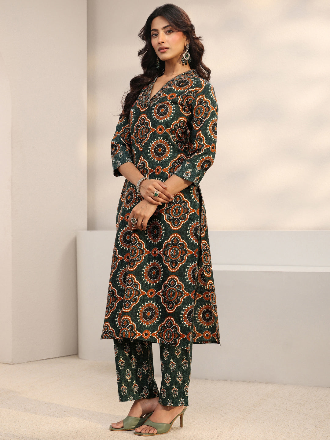 Green Ajrakh Printed Cotton Blend Straight Suit Set With Dupatta