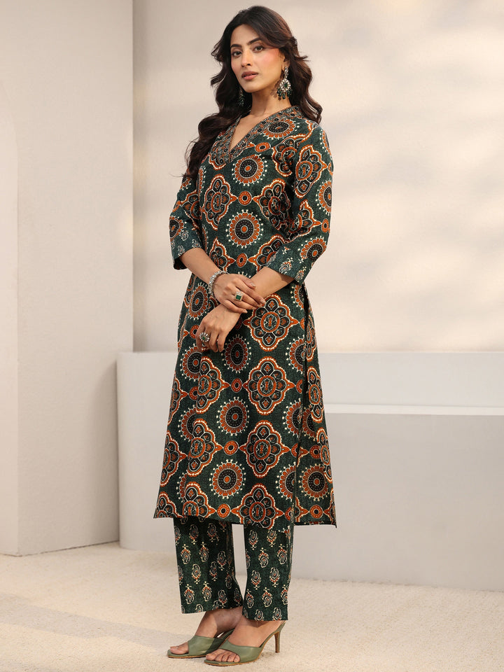 Green Ajrakh Printed Cotton Blend Straight Suit Set With Dupatta