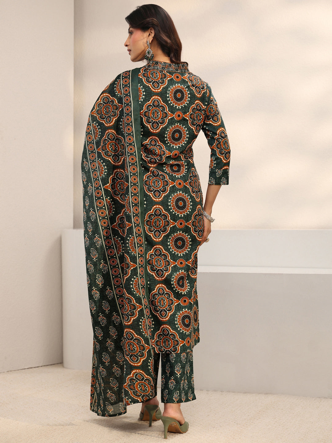 Green Ajrakh Printed Cotton Blend Straight Suit Set With Dupatta