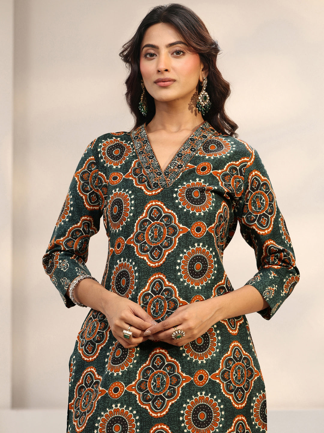 Green Ajrakh Printed Cotton Blend Straight Suit Set With Dupatta