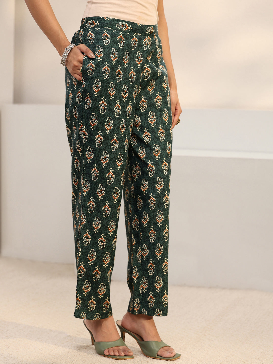 Green Ajrakh Printed Cotton Blend Straight Suit Set With Dupatta