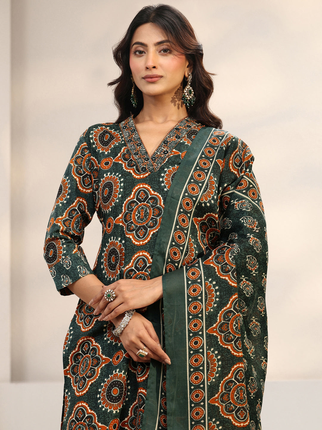 Green Ajrakh Printed Cotton Blend Straight Suit Set With Dupatta