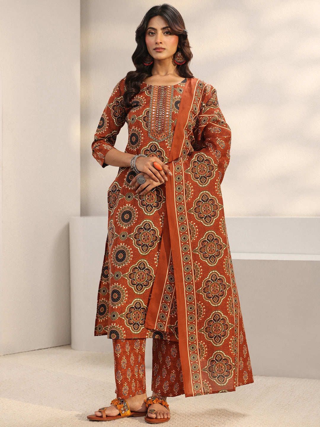 Rust Ajrakh Printed Cotton Blend Straight Suit Set With Dupatta