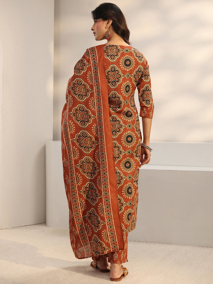 Rust Ajrakh Printed Cotton Blend Straight Suit Set With Dupatta