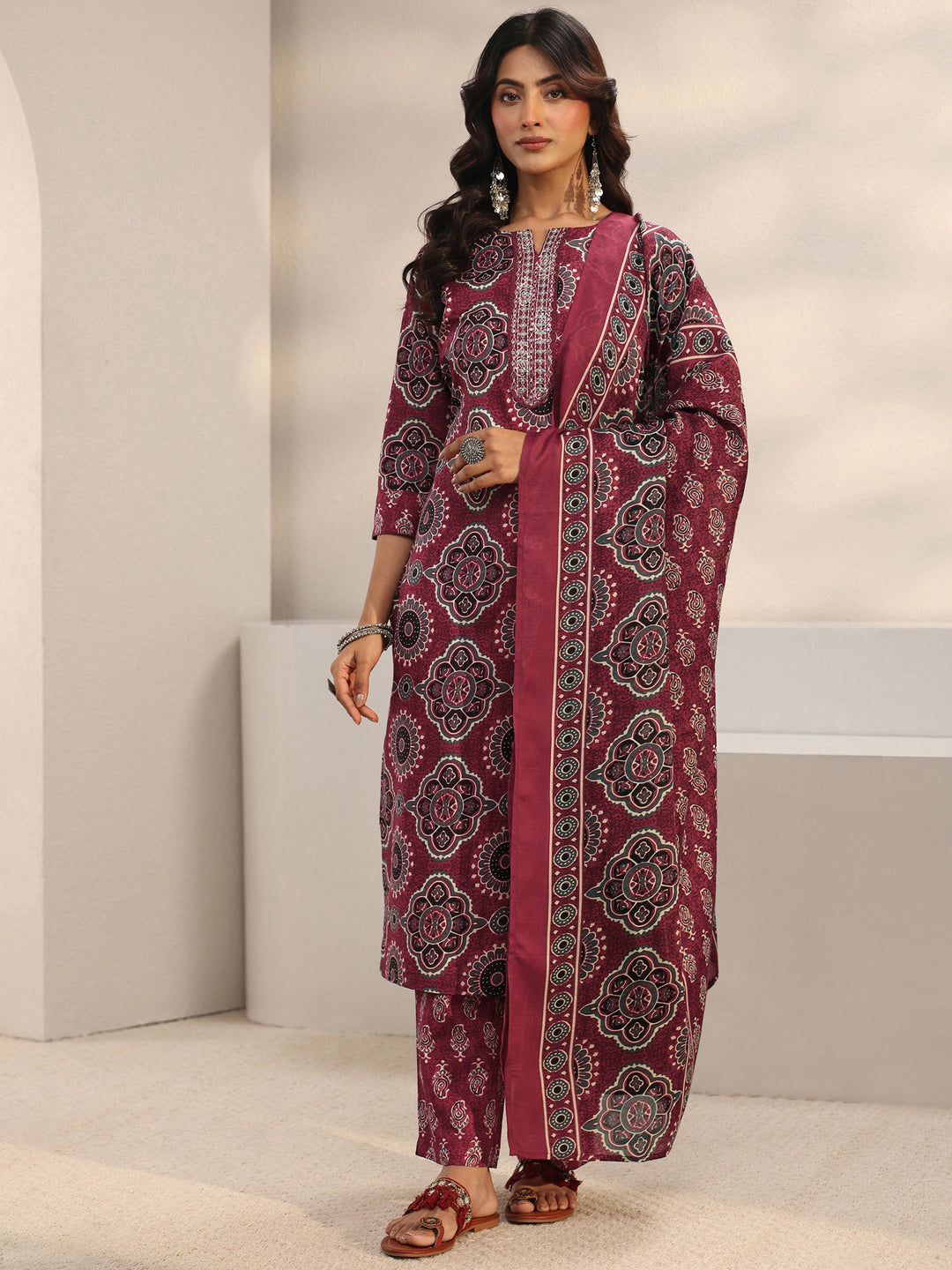 Maroon Ajrakh Printed Cotton Blend Straight Suit Set With Dupatta