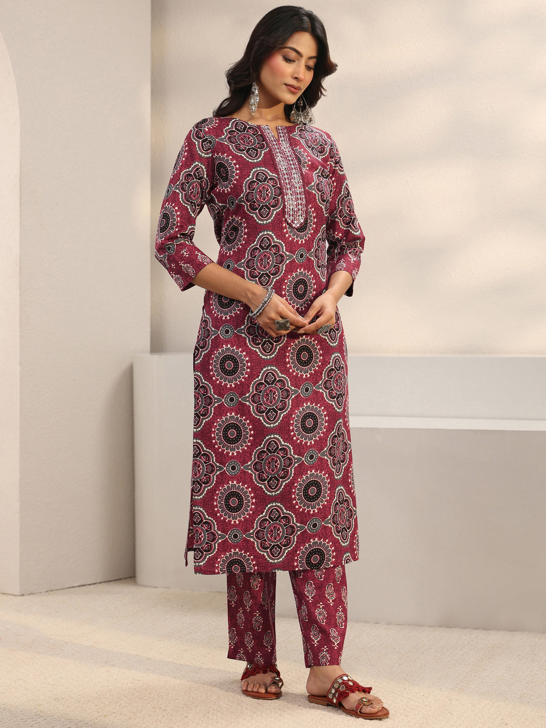 Maroon Ajrakh Printed Cotton Blend Straight Suit Set With Dupatta