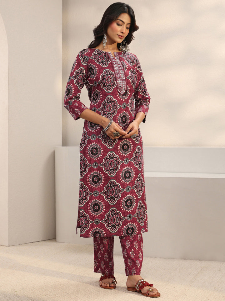 Maroon Ajrakh Printed Cotton Blend Straight Suit Set With Dupatta