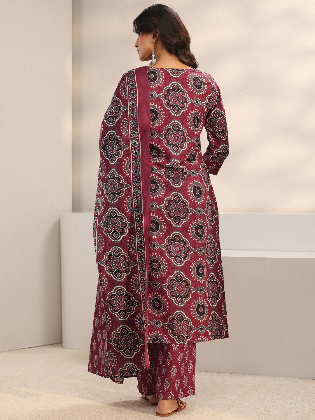 Maroon Ajrakh Printed Cotton Blend Straight Suit Set With Dupatta
