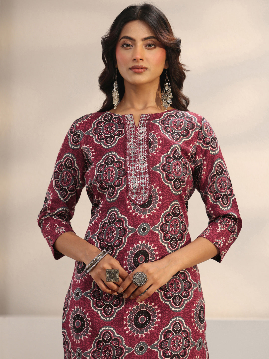 Maroon Ajrakh Printed Cotton Blend Straight Suit Set With Dupatta
