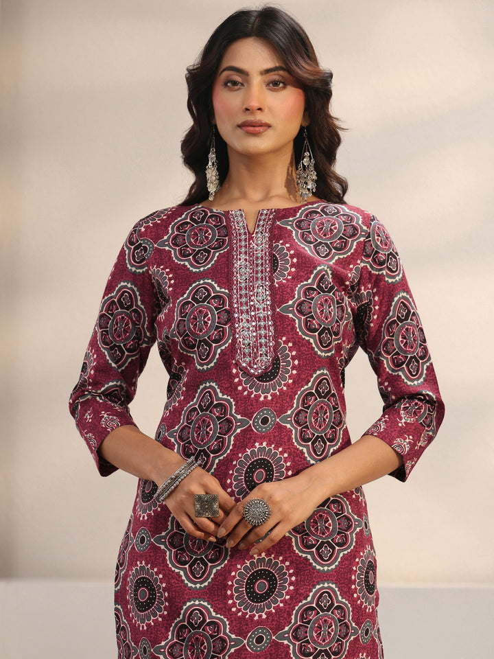 Maroon Ajrakh Printed Cotton Blend Straight Suit Set With Dupatta