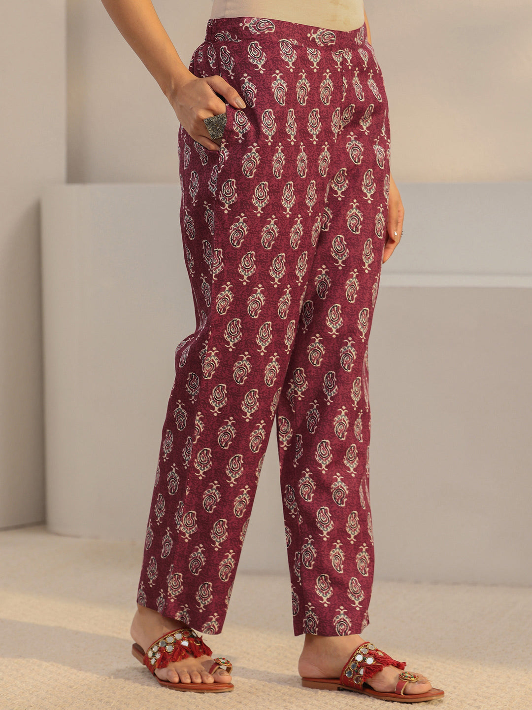 Maroon Ajrakh Printed Cotton Blend Straight Suit Set With Dupatta