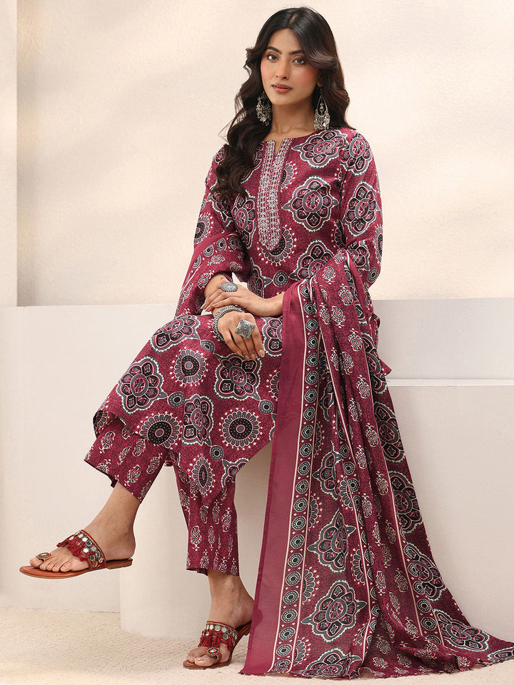 Maroon Ajrakh Printed Cotton Blend Straight Suit Set With Dupatta