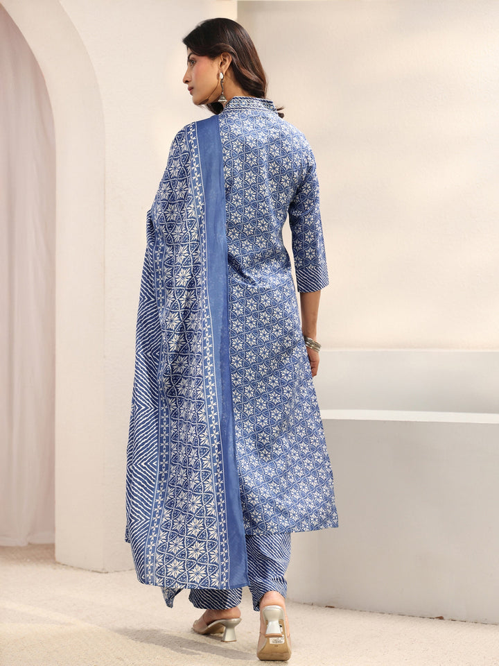 Blue Geometric Printed Cotton Blend Straight Suit Set With Dupatta