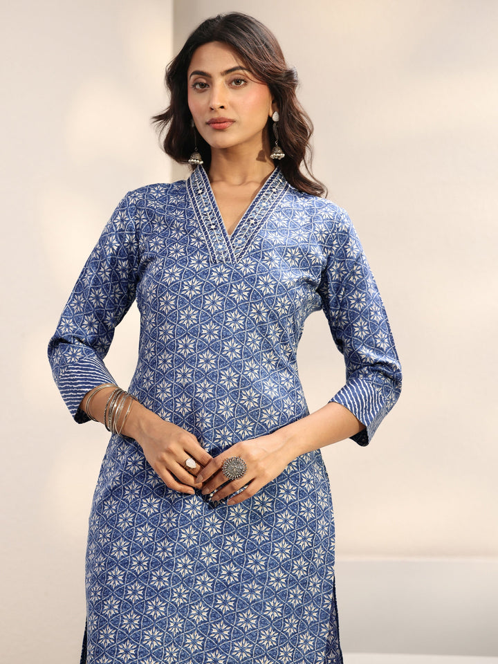 Blue Geometric Printed Cotton Blend Straight Suit Set With Dupatta