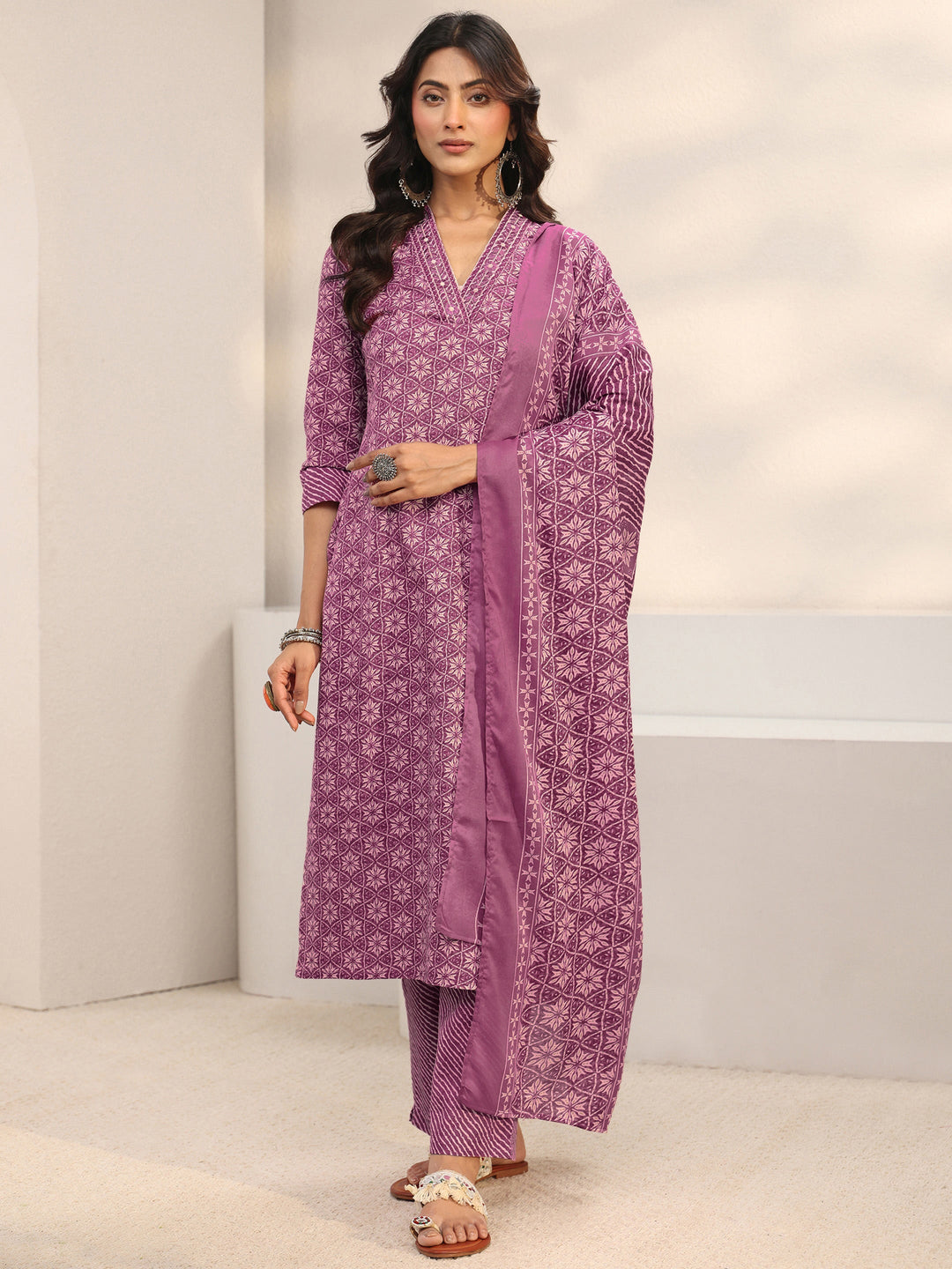 Purple Geometric Printed Cotton Blend Straight Suit Set With Dupatta