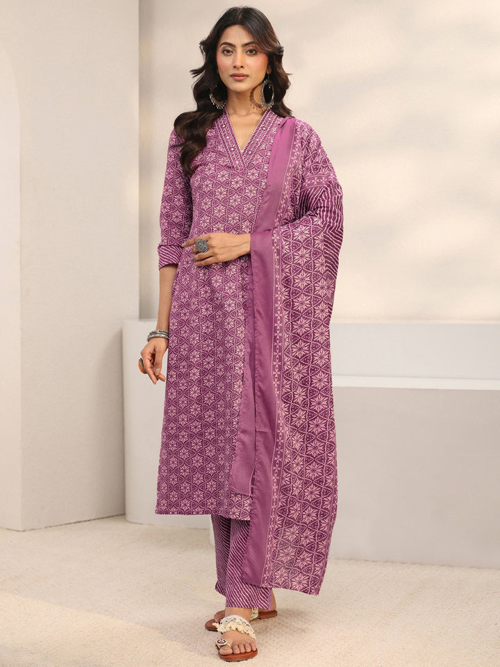 Purple Geometric Printed Cotton Blend Straight Suit Set With Dupatta