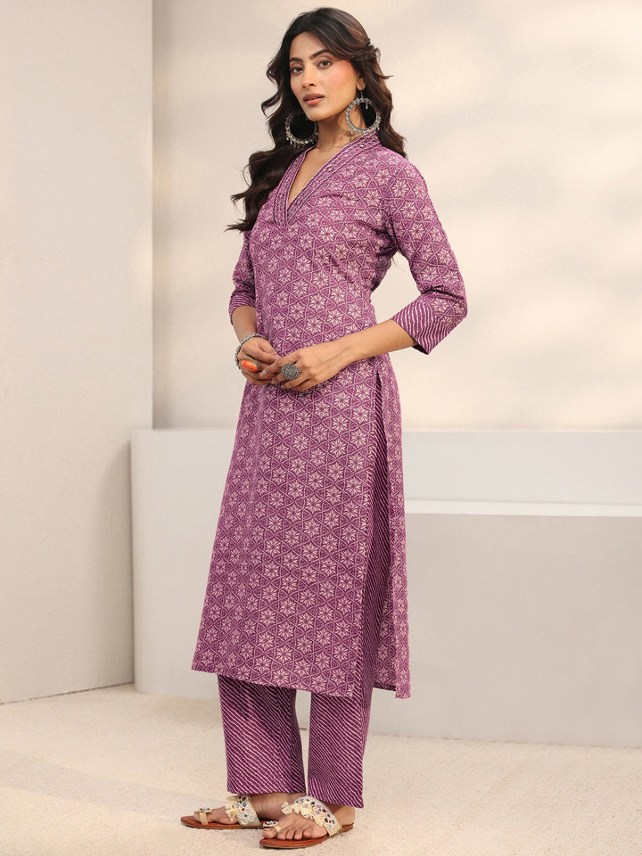 Purple Geometric Printed Cotton Blend Straight Suit Set With Dupatta