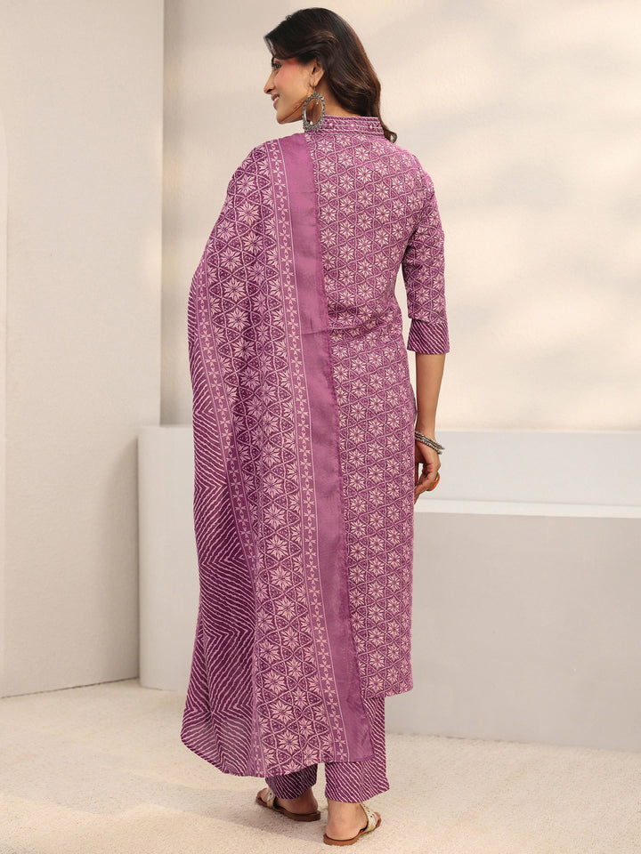 Purple Geometric Printed Cotton Blend Straight Suit Set With Dupatta