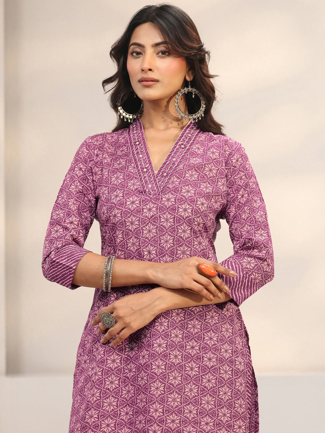 Purple Geometric Printed Cotton Blend Straight Suit Set With Dupatta