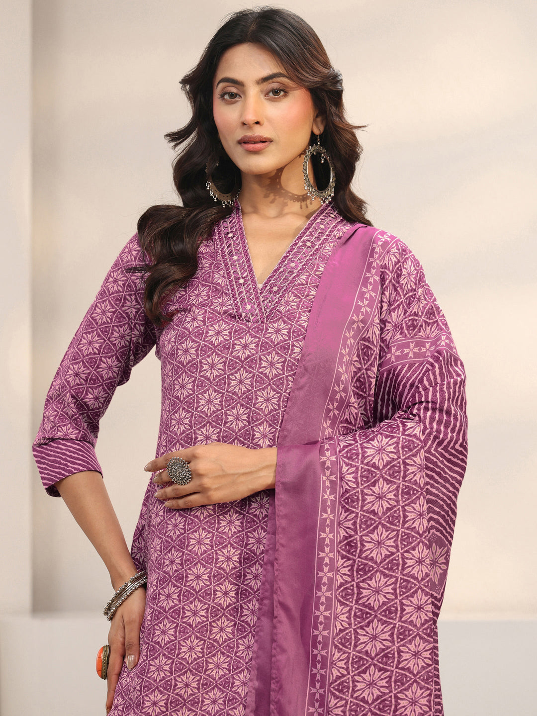 Purple Geometric Printed Cotton Blend Straight Suit Set With Dupatta