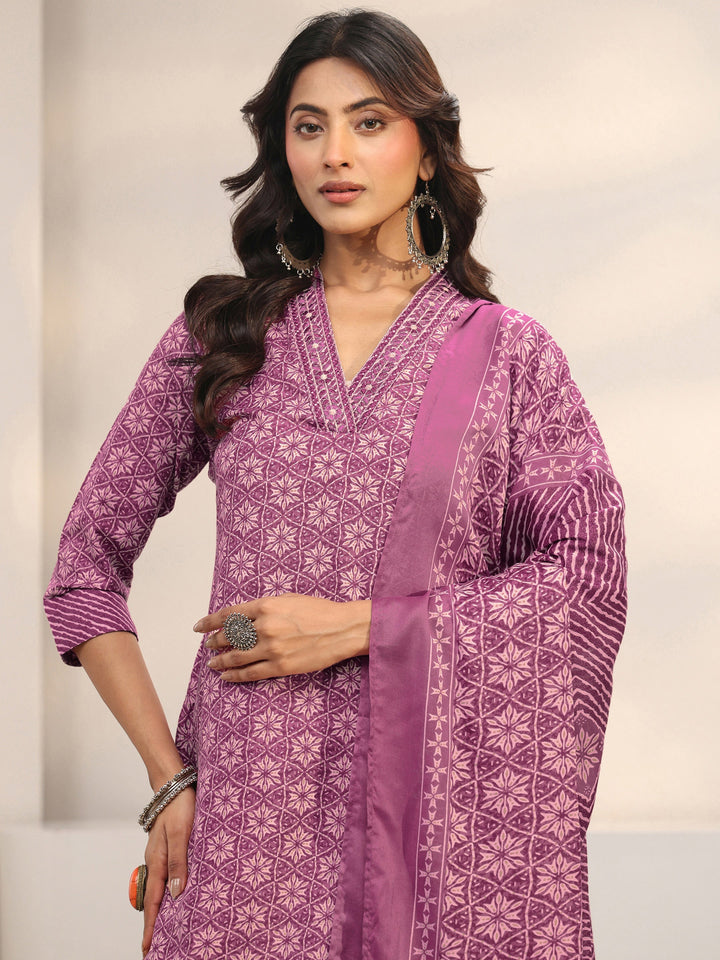 Purple Geometric Printed Cotton Blend Straight Suit Set With Dupatta