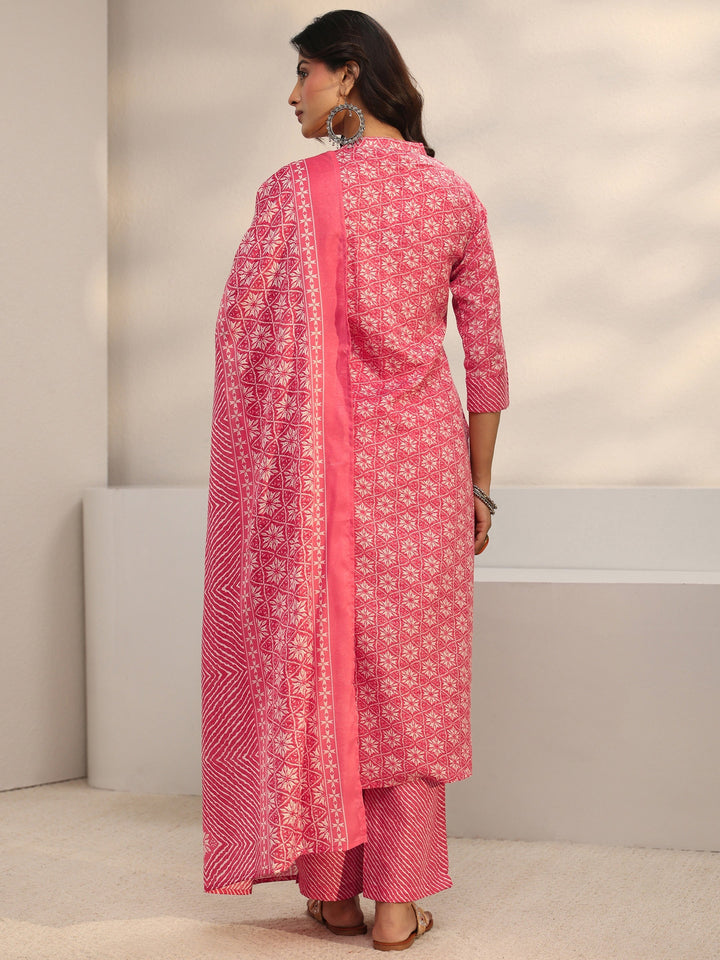 Pink Geometric Printed Cotton Blend Straight Suit Set With Dupatta